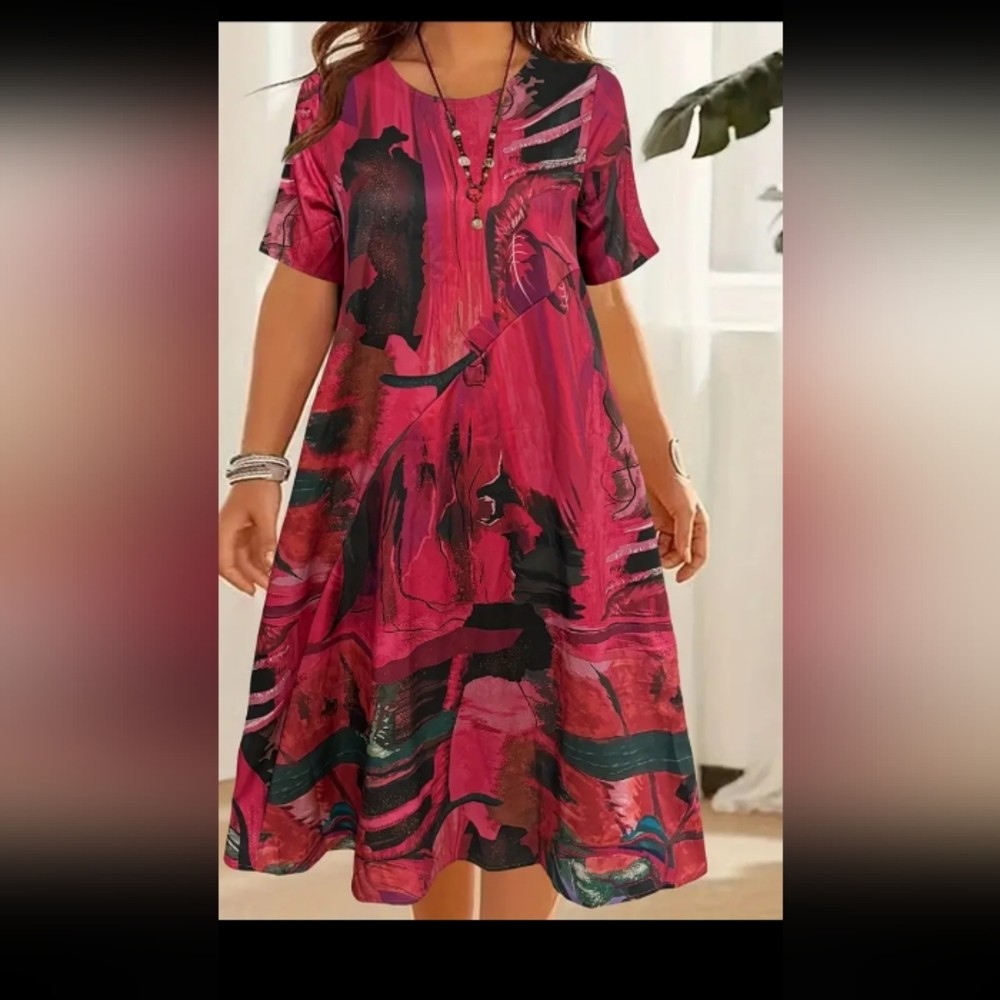 WOMEN'S PLUS SIZE 3X 4X COLOR BLOCK BURGUNDY DRESS 48-IN LONG SHORT SLEEVES